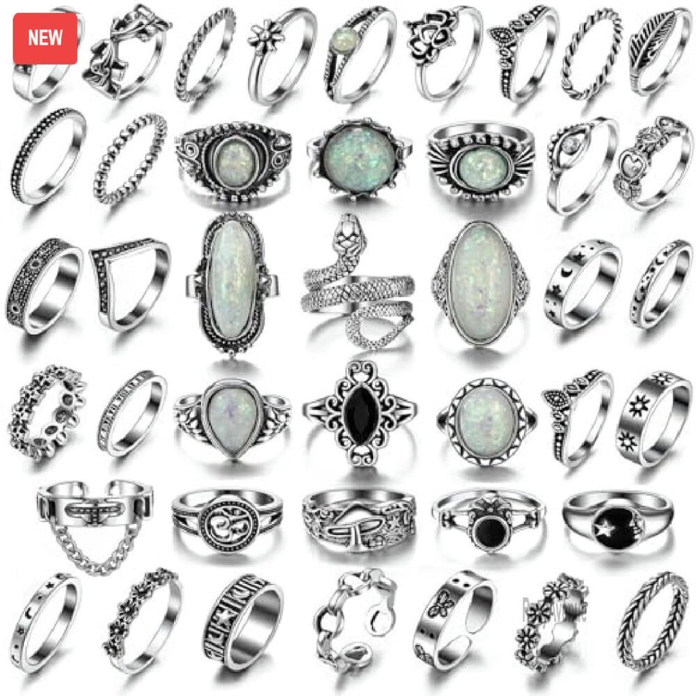 42-Piece Adjustable Silver Ring Set Stackable Vin… - image 2